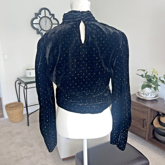 Zara Women Velvet Crop Long Sleeve Sparkle Top Size M High Neck Puff Sleeve - Picture 4 of 11
